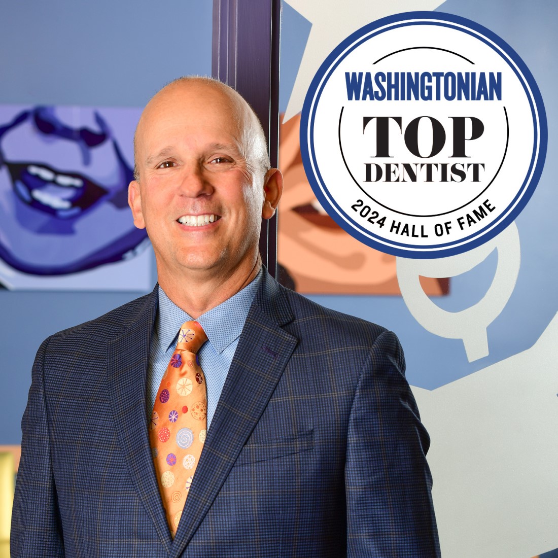 A portrait of board certified pediatric dentist Dr. Ricardo Perez with a "Washingtonian Top Dentist 2024 Hall of Fame" badge